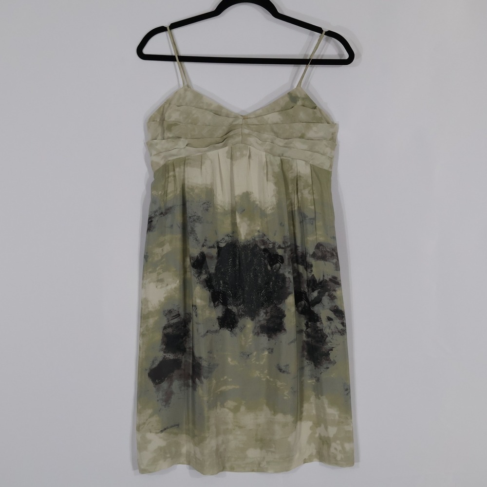 Fei Silk Slip Dress Womens 6 Grey Green Abstract Watercolor Boho Fairy Cottage
